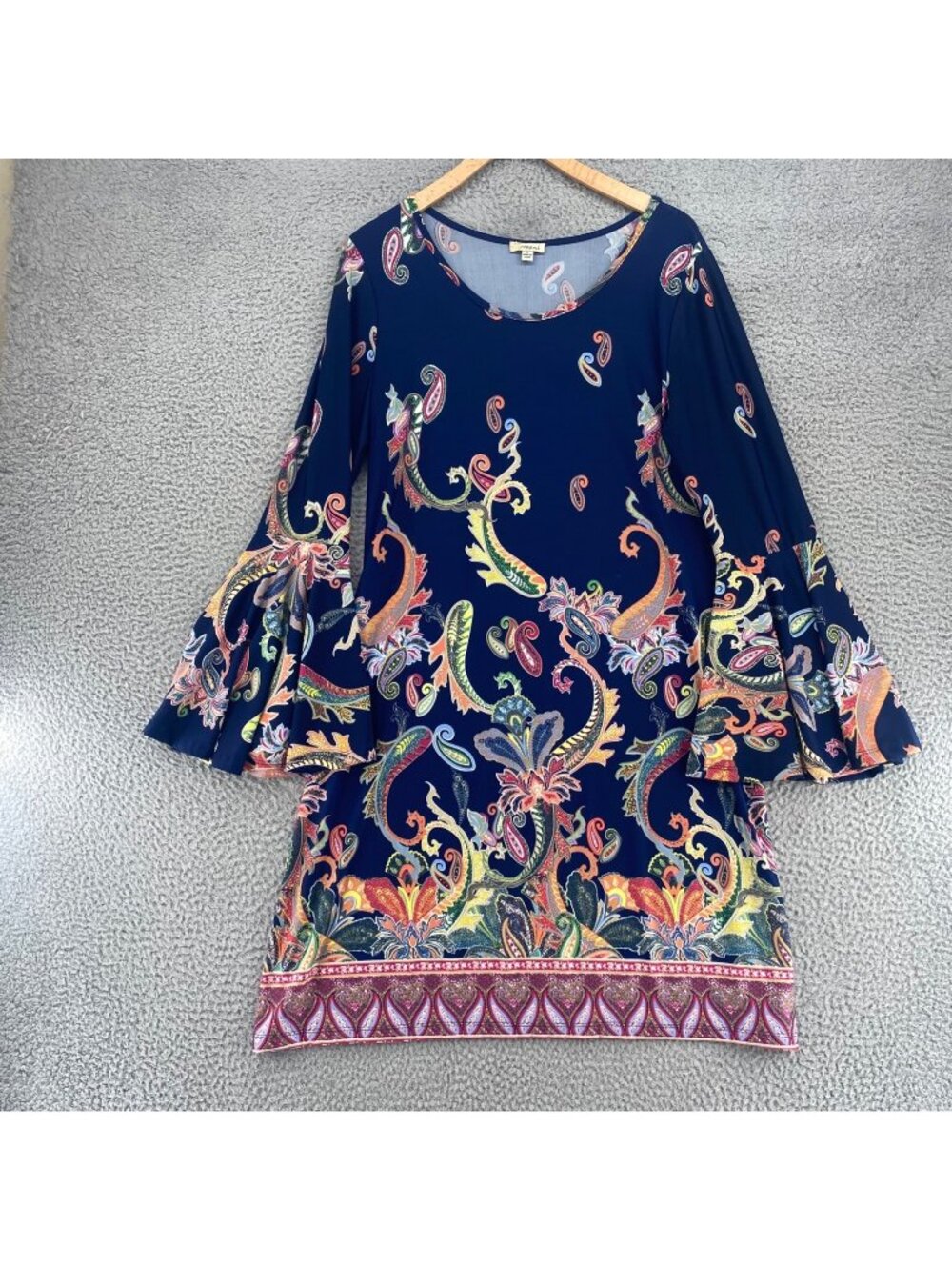 Haani Dress Womens Large Navy Multi Paisley Shift Bell Sleeve Jersey Knit Mini